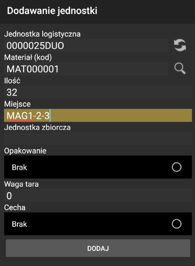 Przycisk dodawania nowej jednostki logistycznej