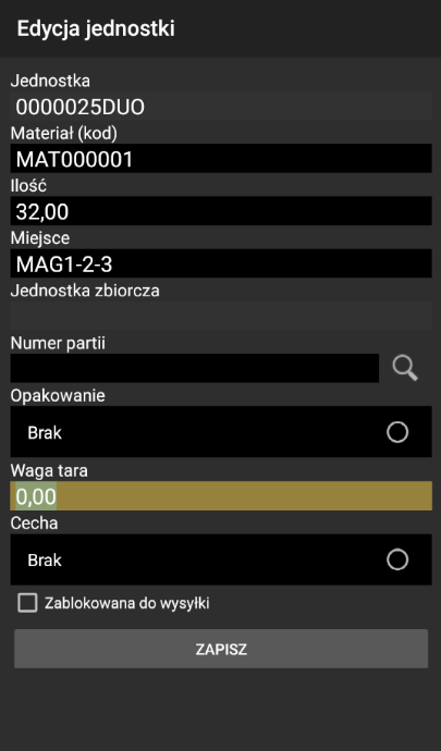 Przycisk zapisu zmian w jednostce logistycznej