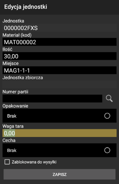 Opcja edycji informacji o jednostce logistycznej