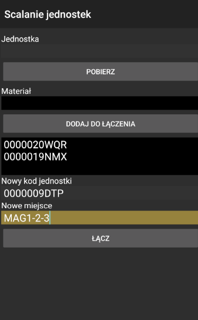 Formularz do scalania jednostek logistycznych