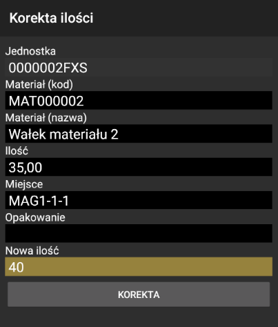 Pole do wprowadzania nowej ilości jednostki