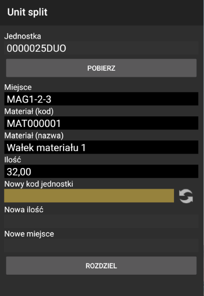Podgląd funkcji rozdzielania jednostki w WMS Weaver na urządzeniu mobilnym