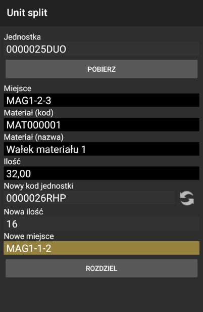 Wybór ilości i miejsca przy rozdzielaniu jednostki w WMS Weaver
