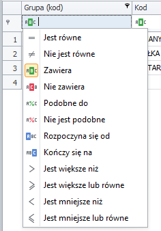 Tabela opcji filtrowania