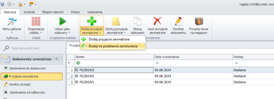 Zakładka Przyjęcia zewnętrzne