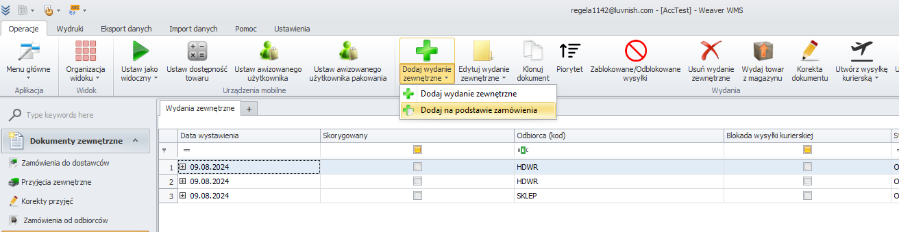 Zakładka Wydania Zewnętrzne